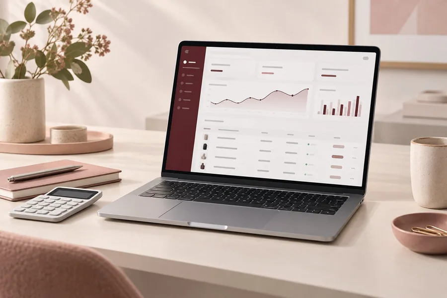 Modern accounting dashboard on a laptop with a calculator