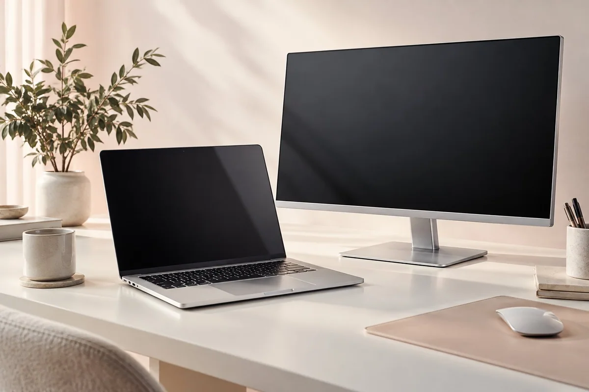 A bright workspace with a modern laptop and desktop computer