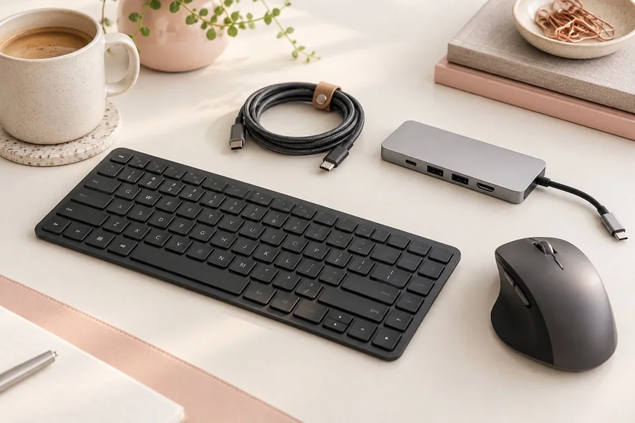 Keyboard, mouse, USB-C hub and cable on a desk
